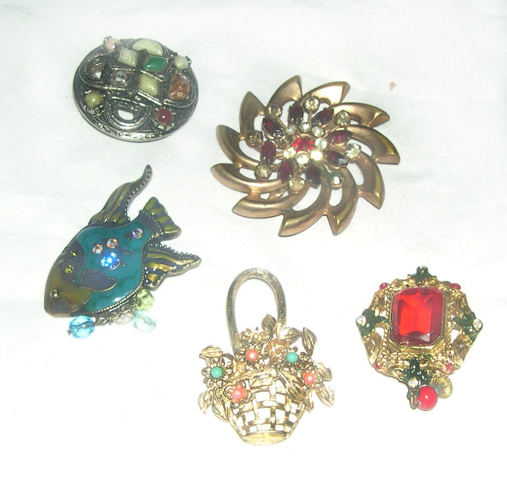 MARCH SALE 5 Destash Vintage Brooches Missing Rhinestones and Pin Back