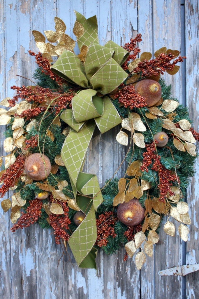 Christmas Wreath, Glittery Pears, Gold Eucalyptus, Berries, Lattice Velvet Ribbon