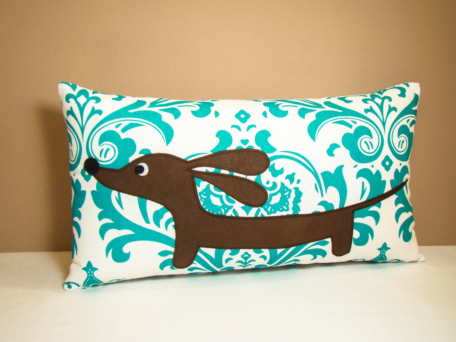 Dachshund Pillow - Doxie in the Teal Damask Garden