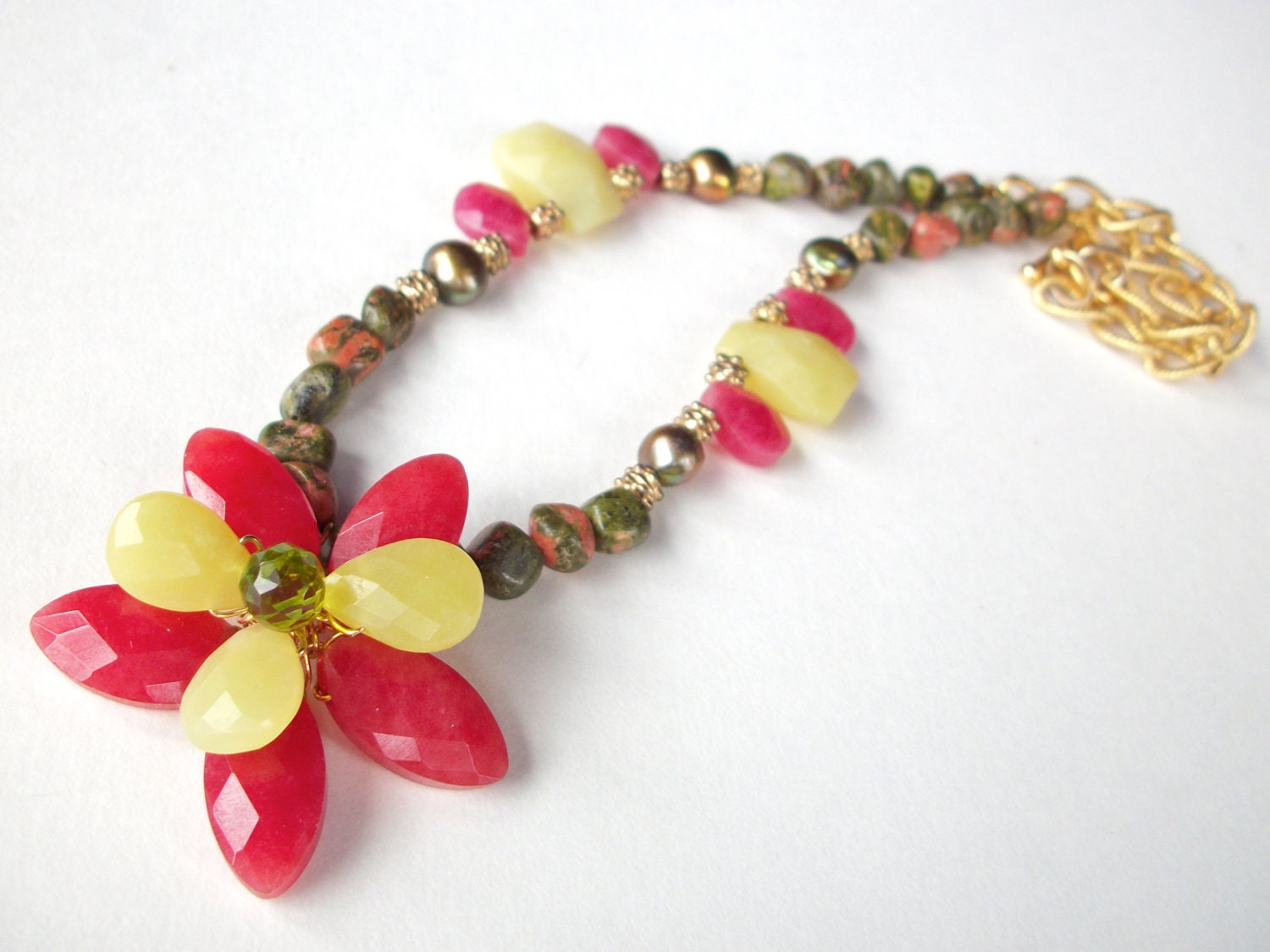 Red flower necklace wire wrapped with green and red gemstone beads