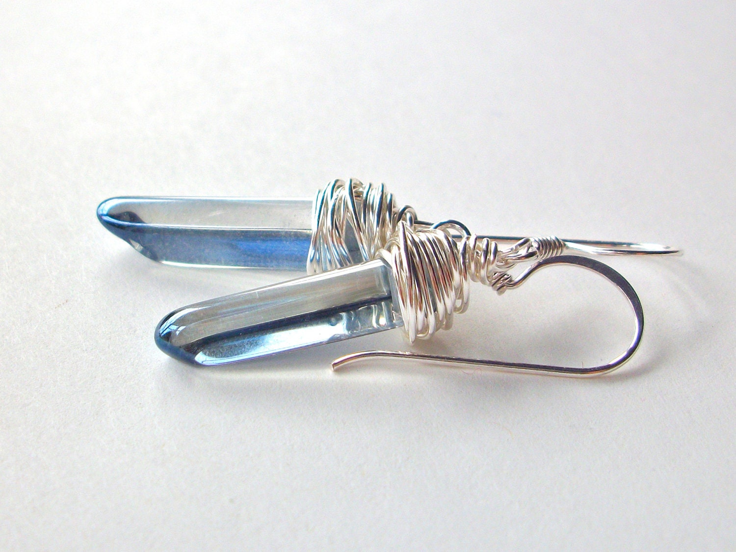 Blue titanium quartz earrings, wire wrapped trendy silver spike crystal gemstone earrings long drop .999 silver filled earhooks