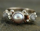 3 Ring Set- 14k White Gold Engagement Ring with Rough Diamonds and Pearl, and Two Wedding Bands- Custom Made