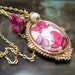 Butterfly Necklace Filigree frame with magenta flower and freshwater pearl  Pink and purple