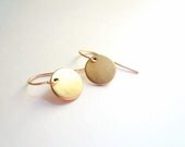 Gold circle earrings. Tiny brass discs on 14K gold fill GF ear wires. Dainty jewelry.
