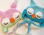 Owl Baby Hat, Pink and Green OWL Hat, Infant to toddler sizes, Made to ORDER Earflap hat