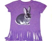 New Kids handpainted Rabbit tshirt - dwarf black otter rabbit painted onto a girls purple cotton tee with tassels - OOAK - ages 5 to 10 yrs