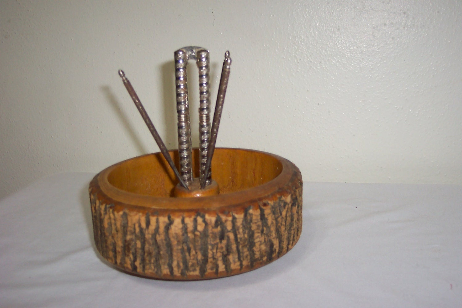 Nut Cracker Set Wood Bark Bowl Metal Nut Cracker by LuRuUniques