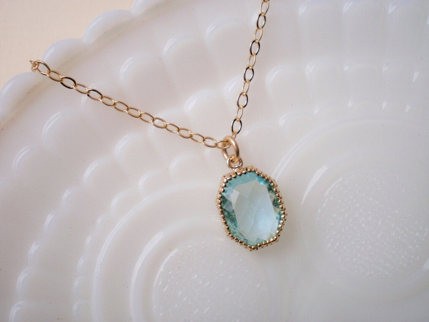Aquamarine Blue Glass Pendant,  Gold Pendant Necklace, Valentine's Day, Bridal Jewelry, Bridesmaid Necklace, Wedding Jewelry