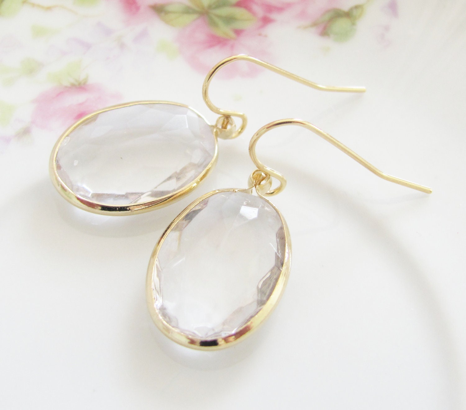 Crystal Clear Oval Dangle Earrings Gold Plated French Earwire - Classic, Sparkle, Wedding, Bridal, Bridesmaid