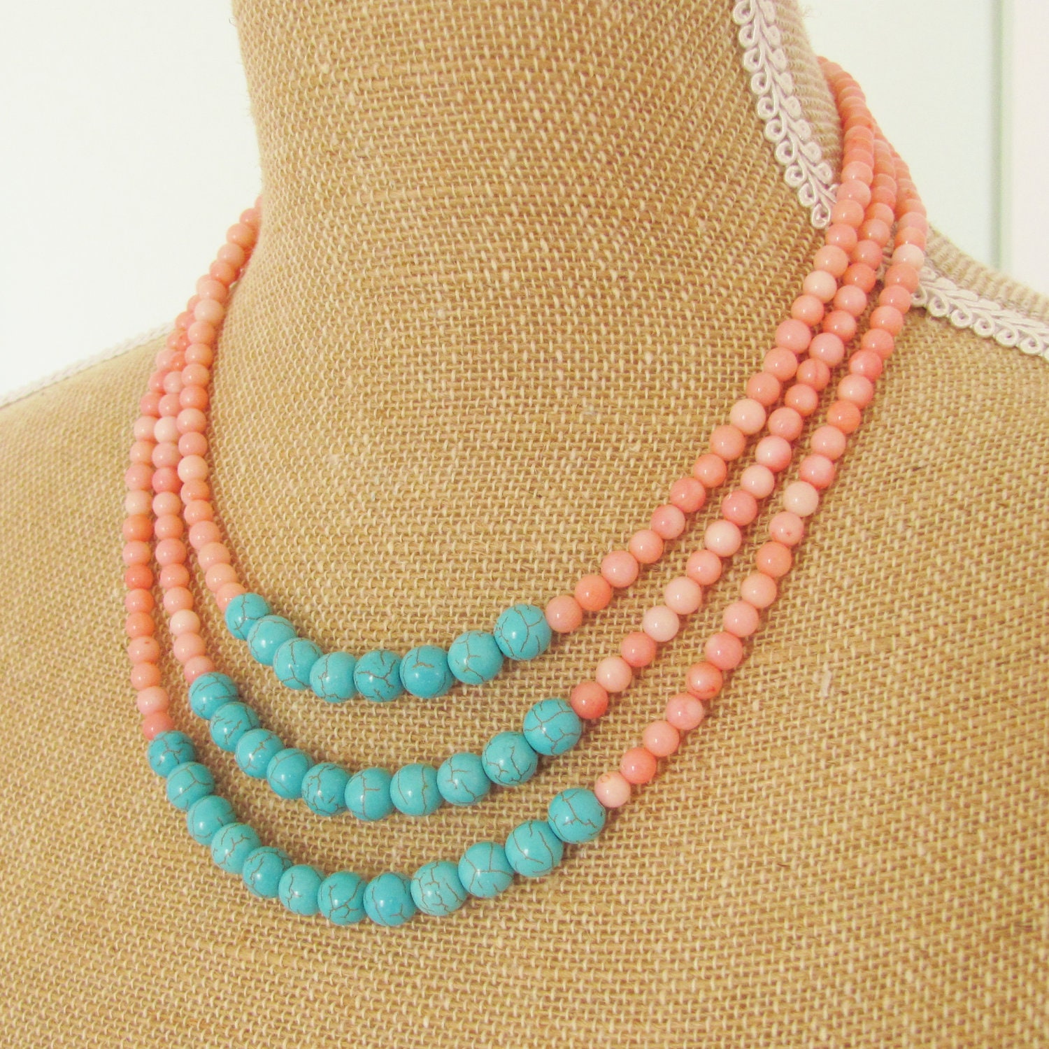 Color Block Necklace Turquoise Howlite and Pink Coral Statement Triple Multi Strand - Preppy, Beach, Boho