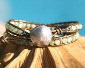 Beaded Leather Wrap Bracelet with Green Kyanite and Sterling Silver