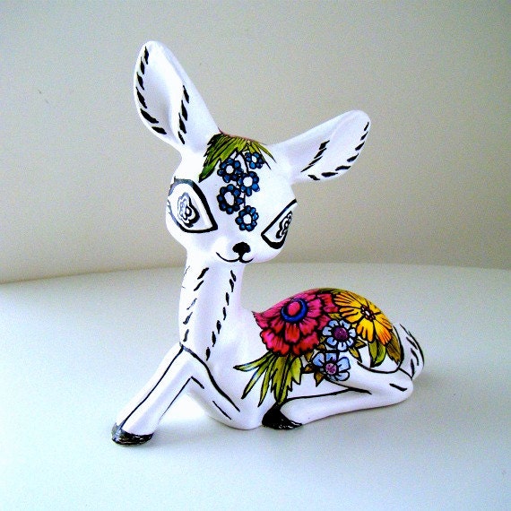 Ceramic Deer Sculpture Woodland Faun Flowers Folk Art Doe Figurine Nature Spring Decor Red Purple Green yellow