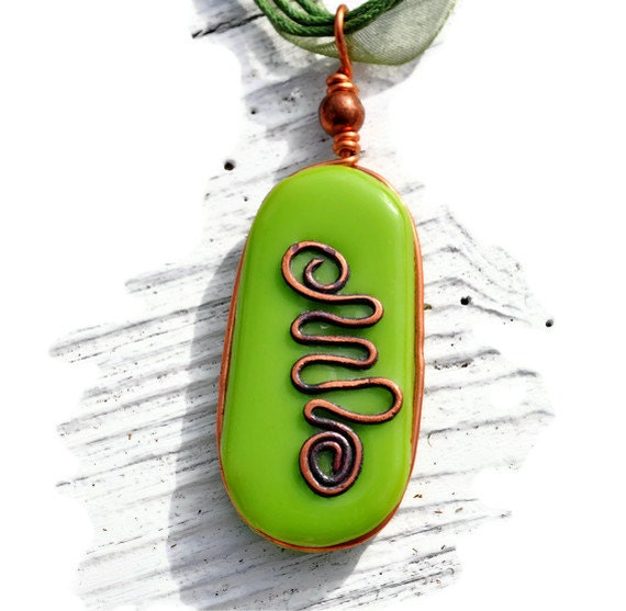 Green Celtic design pendant fused glass and copper inlay made in Ireland