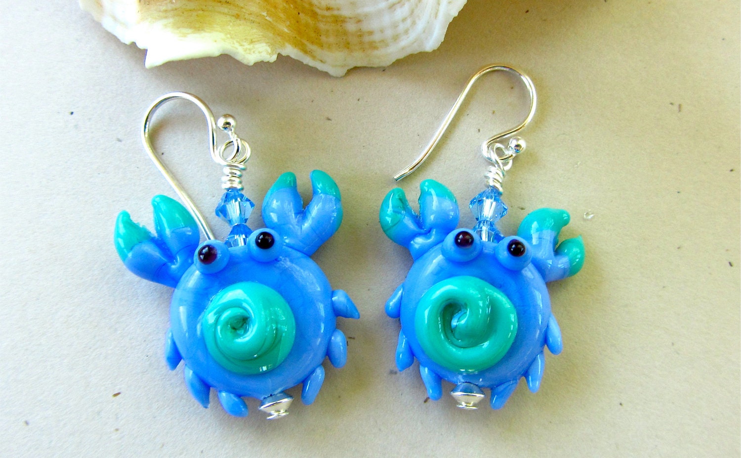 Blue Crab Earrings Earrings - Lampwork Glass Beads