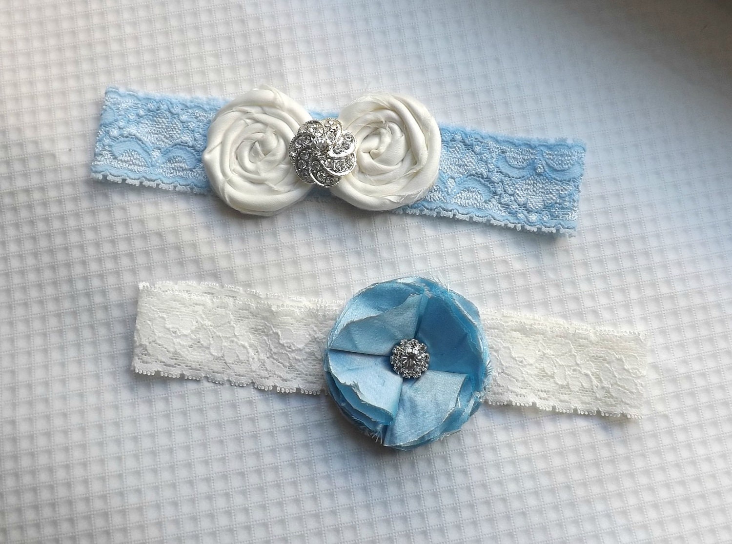 Wedding Garter - Tiffany Blue Bridal Garter -  Vintage Ivory Wedding Garter Set - Something Blue Bridal Garter Set