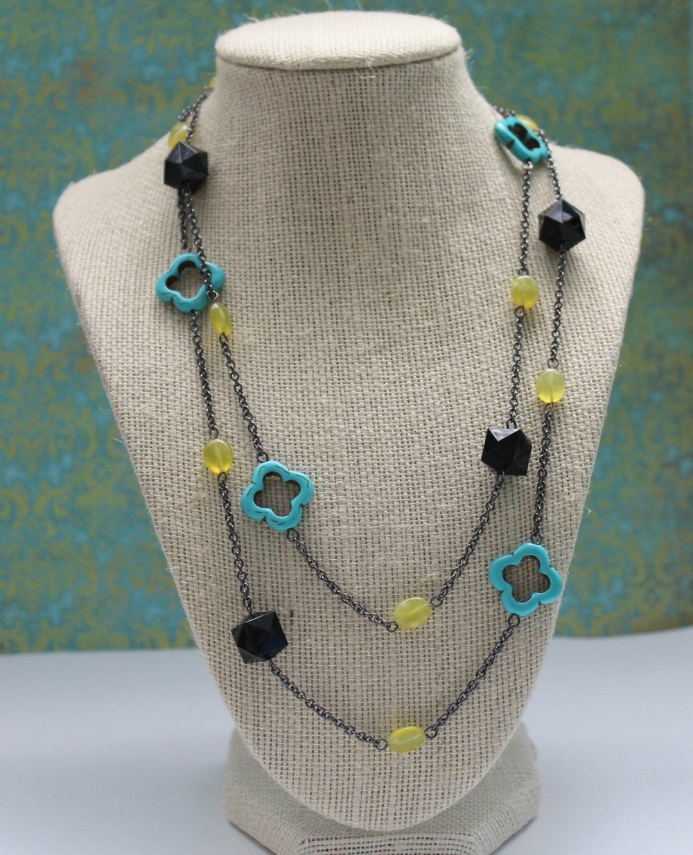Black Onyx and Turquoise Quatrefoil Clover Necklace