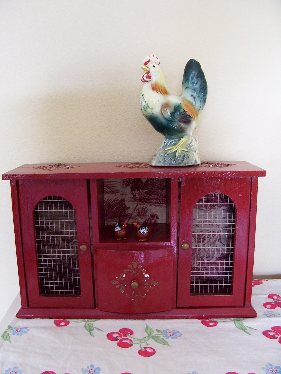 FREE Shipping / French Country Cottage Red Enamel Small Cupboard and Shelf Display Cabinet Red And Cream Toile Background