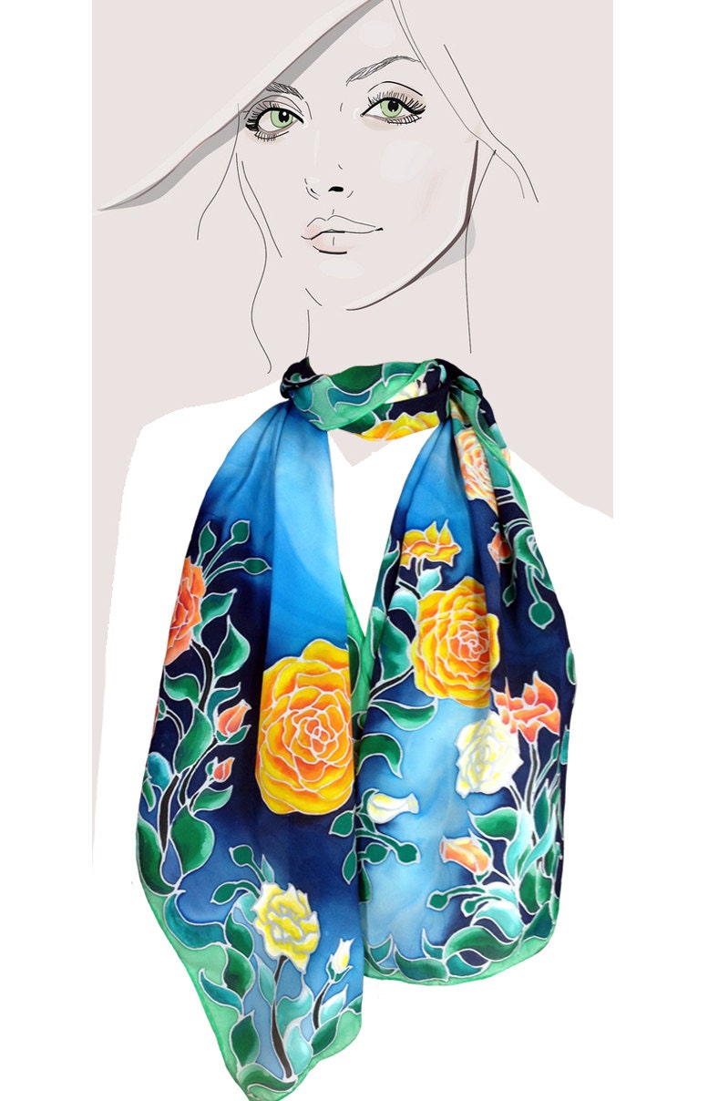 Midnight Blue and Yellow Roses silk scarf, hand painted:  Midnight Rose Garden