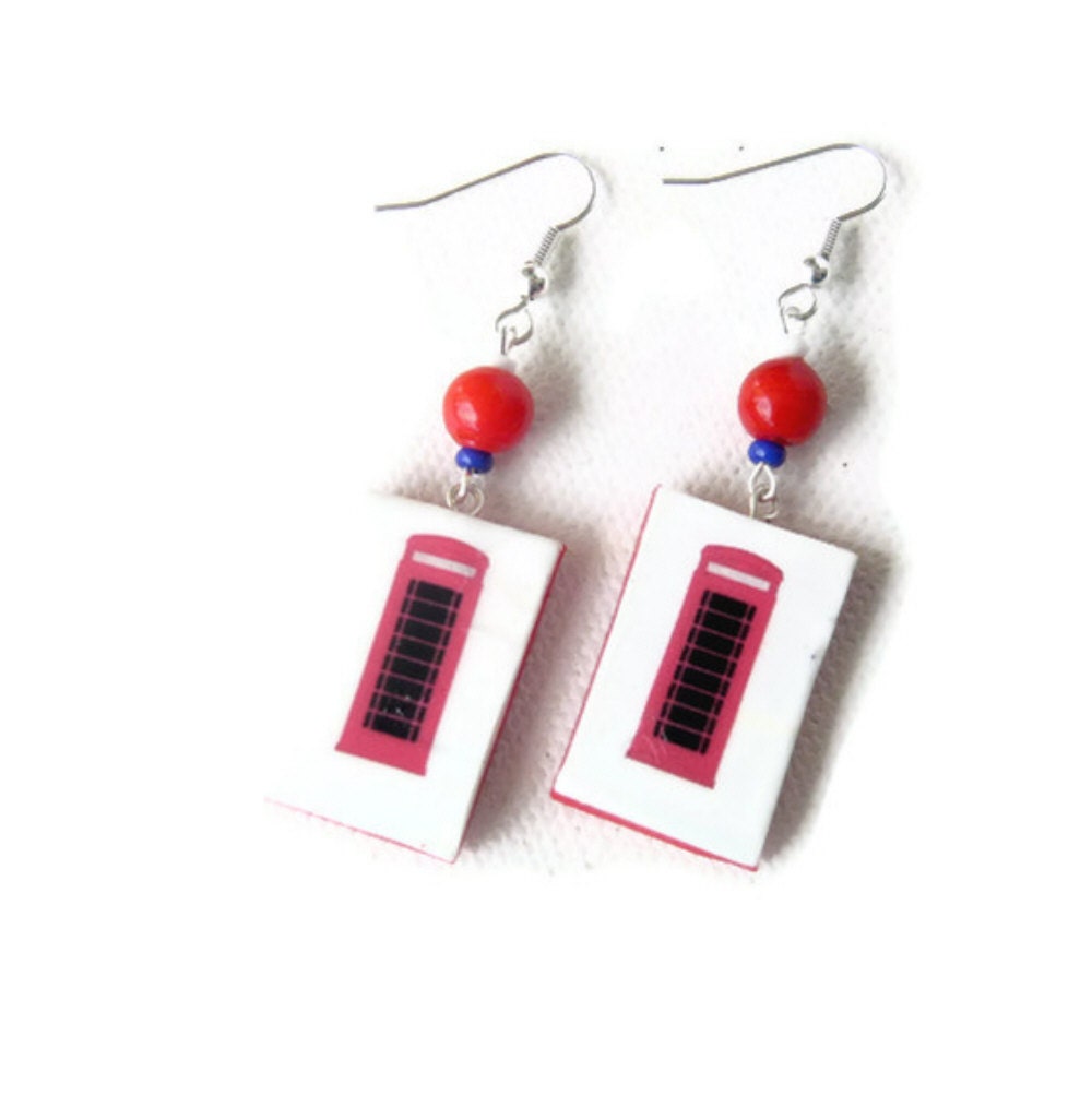 London Telephone Box Earrings- Polymer Clay - White Red - Silver Plate Earrings