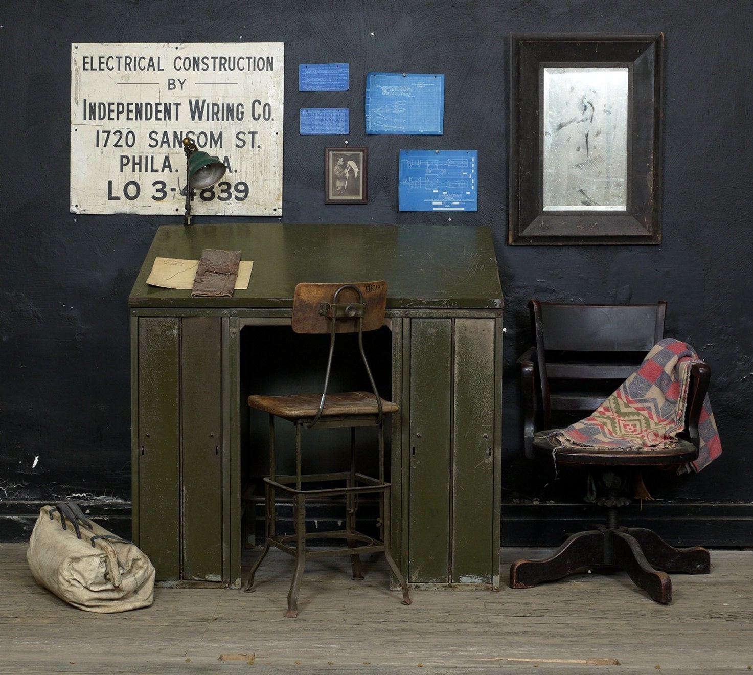 Vintage Industrial Drafting Table, Metal Print Cabinet Desk