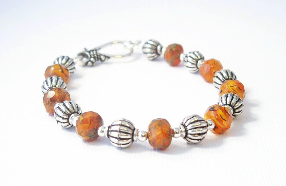 Pumpkin Colored Glass Beaded Bracelet, Czech Glass Beaded Bracelet, Handcrafted Jewelry