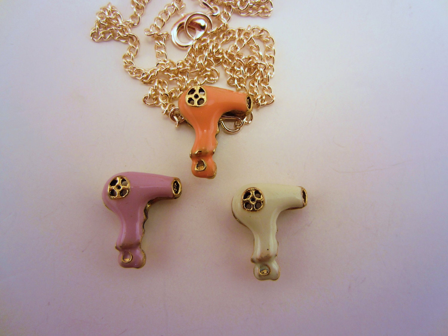 Hairdresser necklace. Vintage charms - hair dryer, lipstick, perfume, mirror or comb. Gold and enamel. Pink, lavender, melon or white.