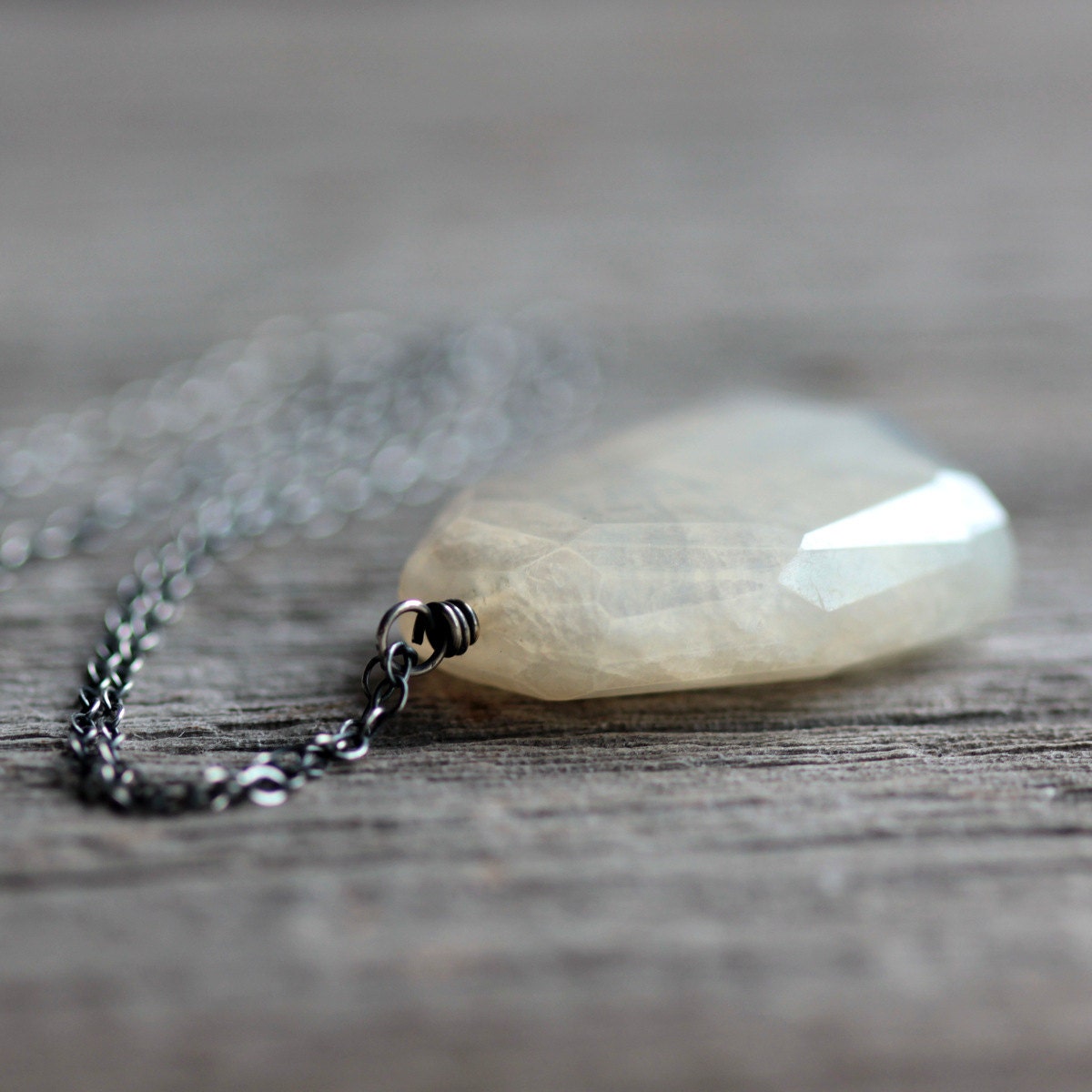 White Pendant Necklace, White Mystic Pearl Chalcedony on Long Sterling Silver Chain - Ice Sheet