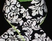 Camera Strap Slipcover Black and White Damask with Lime Green Minky slip cover Free Lens Cap Pocket