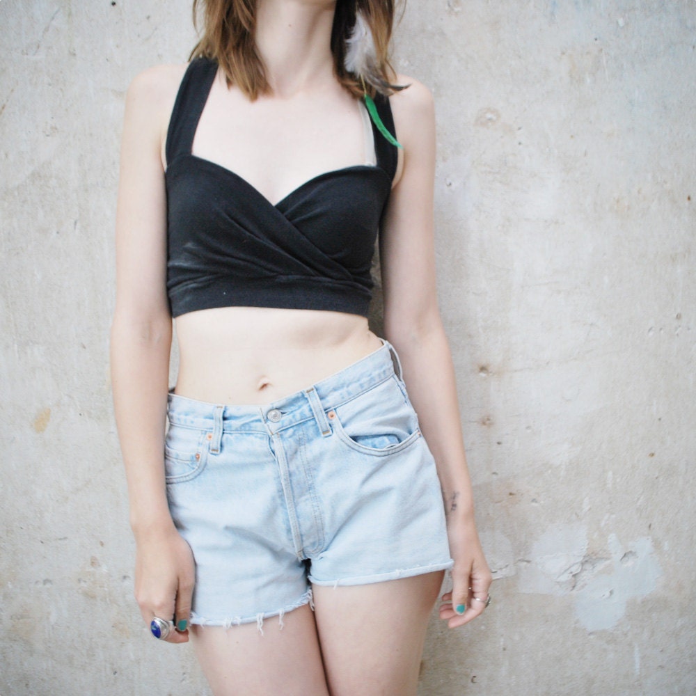 Black CROP top. cross strap back. sweetheart bust - small, medium
