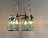 Modern Country MASON JAR Chandelier - Upcycled Hanging Mason Jar Lighting Fixture Direct Hardwire - BootsNGus Lamps Rustic Home Decor