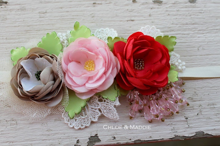 Pink, Coral and creamy beige trio of handmade flowers with beading on ribbon sash (Ready to ship) ROSALEA