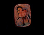 Red Horse Cantering Pin or Pendant. Original India Ink Drawing on Polymer Clay. Copper Red Black, Green  and Blue 3121