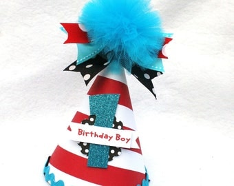 Dr. Seuss Party Hat red white stripes with blue & black polka dot accents