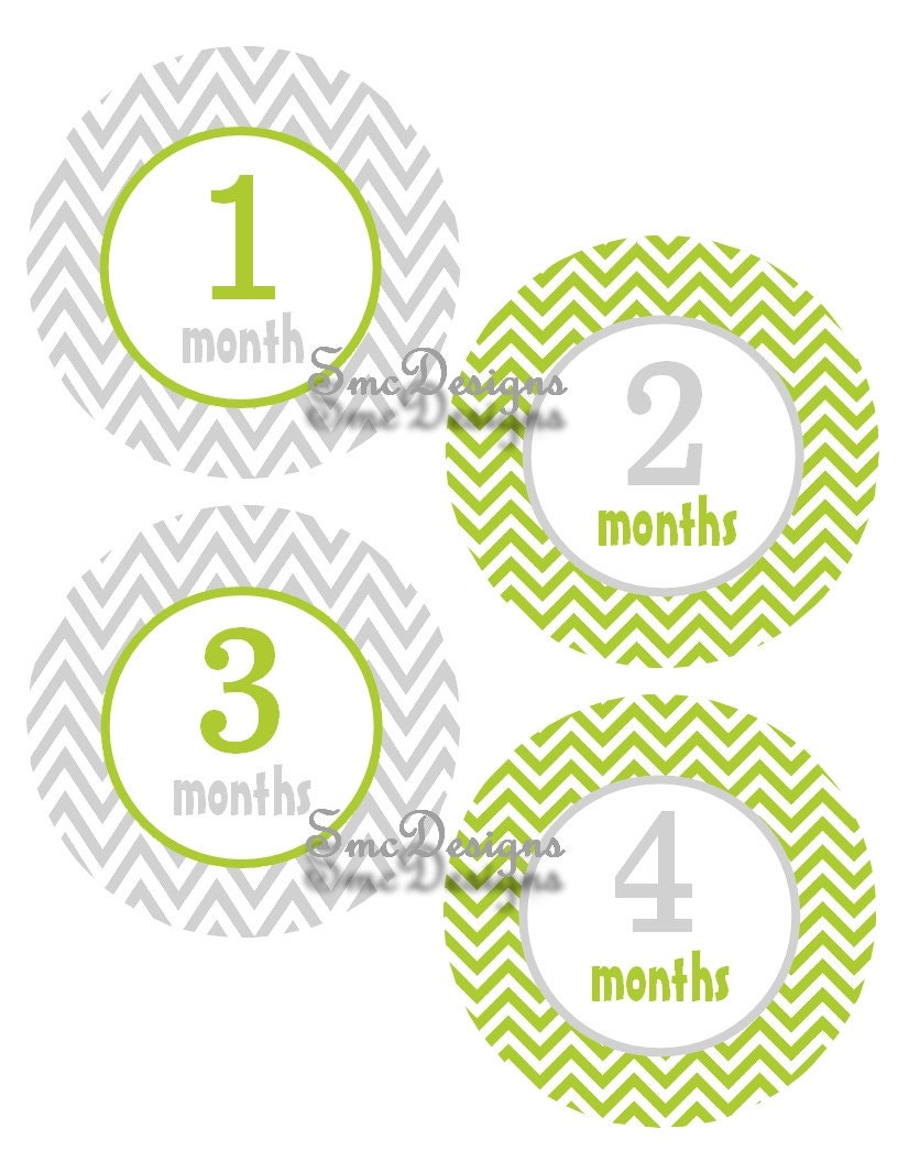 Monthly Baby Onesie Stickers Gray Green Chevron newborn photo Gender Neutral Photo Prop
