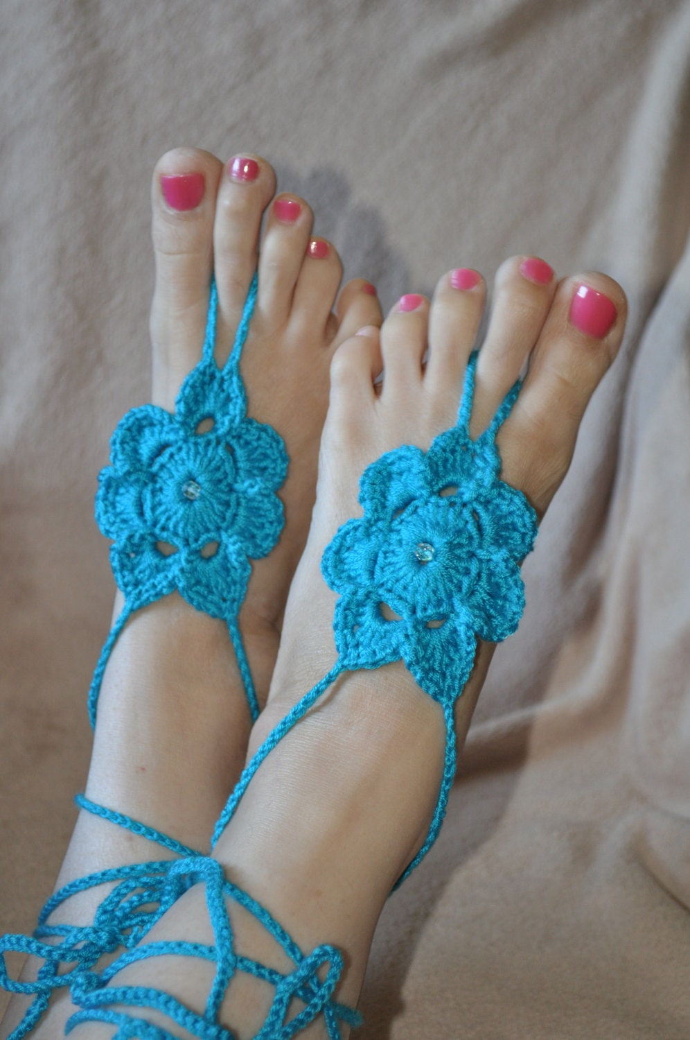Boho Chic Barefoot Sandals In Turquoise with Bead Crochet Nude Shoes Beach Wedding Gypsy