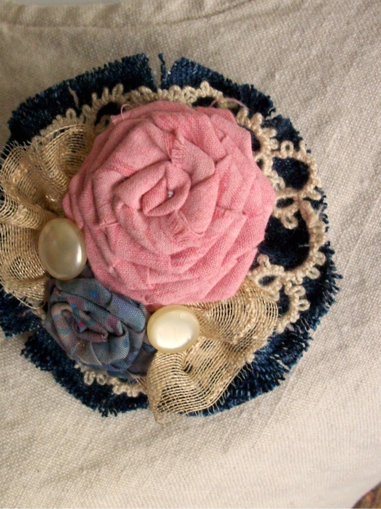 Fabric Flower Brooch - DENIM DREAMS in Pink and Blue