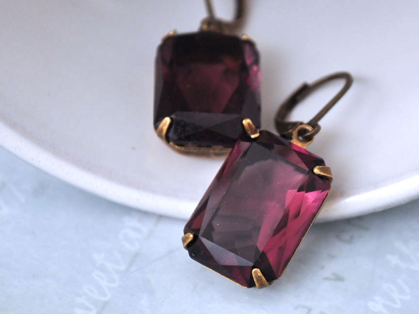 FRENCH VINEYARD violet color vintage glass jewel earrings in antique brass