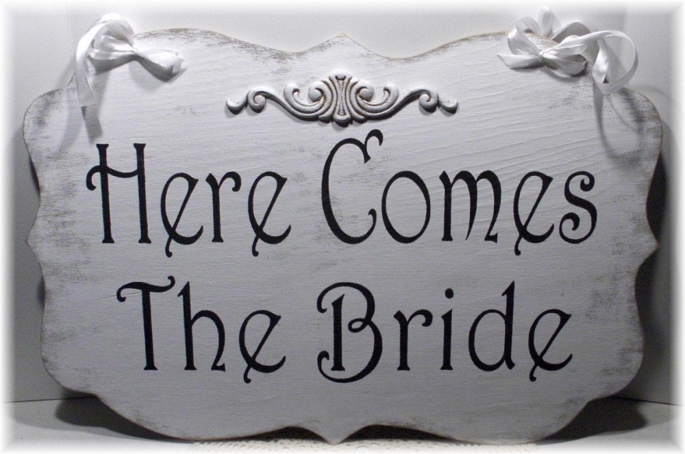 Wedding Sign Here Comes The Bride/And They Lived Happily Ever After 2-Sided Lg.White Wood Shabby Flower Girl,Ring Bearer Aisle