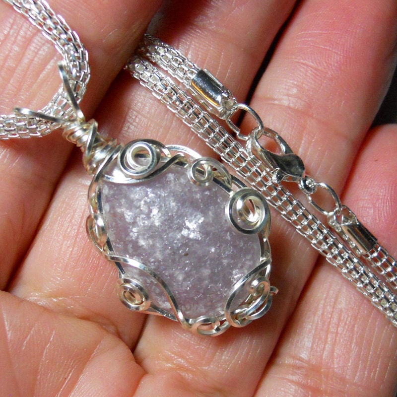 Reconstituted lepidolite drop cabochon pendant, resin stabilized, hand wrapped silver filigree setting