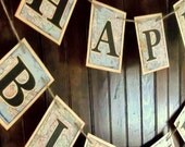 Happy Birthday banner bunting Travel theme, Recycled maps - 0namesleft
