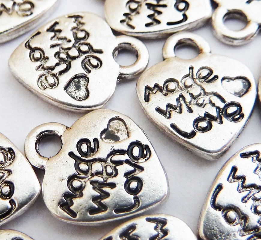 Metal Charms, Made With Love,  50pcs, 12 mm, Charms for Jewelry, Handmade Jewelry Supplies