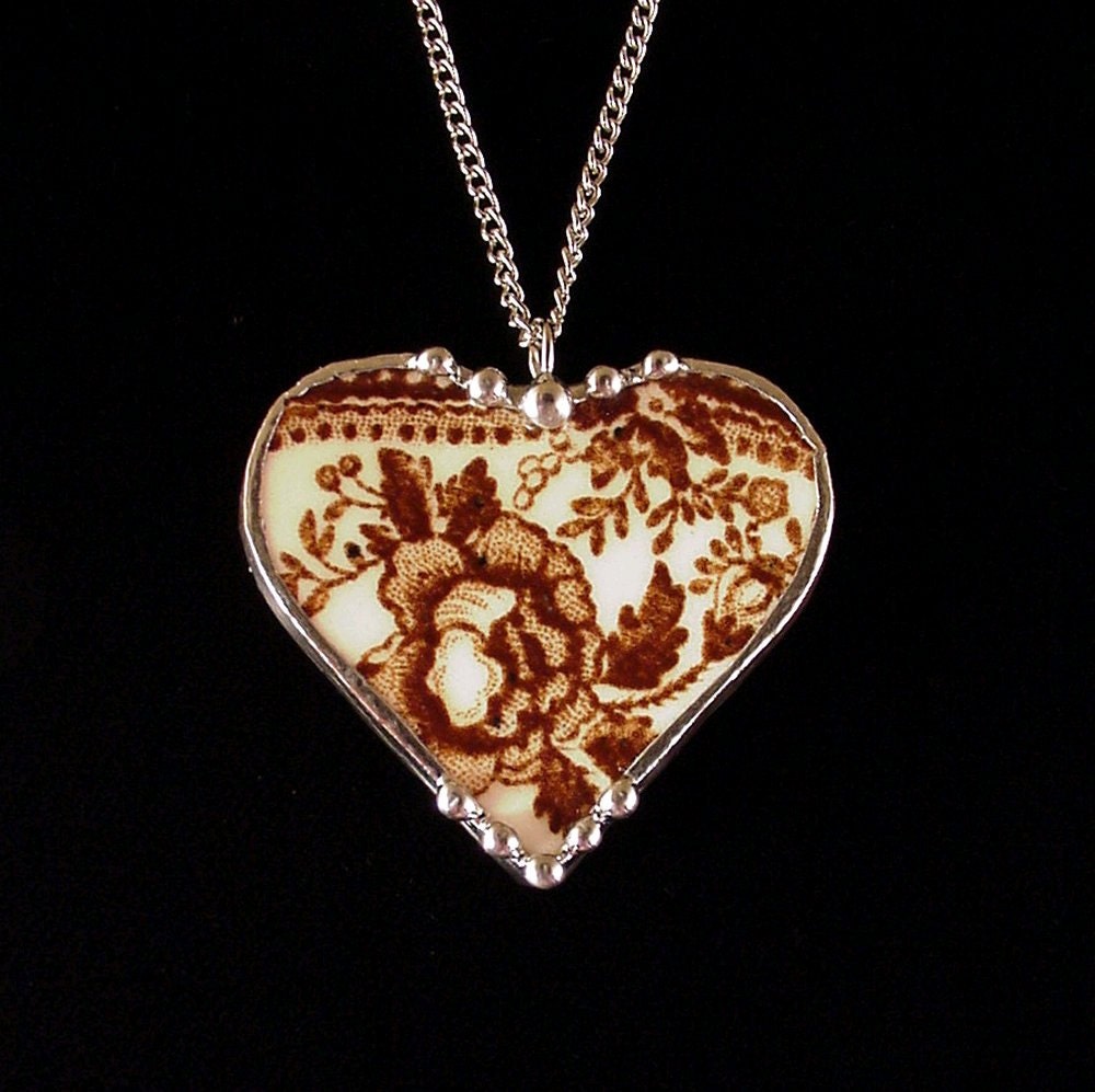 Broken china jewelry Brown Toile Floral Vintage China Plate Heart Pendant