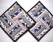 Quilted Mug Rugs, Snack Mats, Navy Blue, Burgundy, Gray, 9"x9"