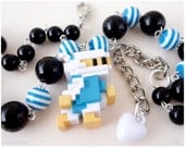 NES Bomberman Necklace, Beaded Chain with Pixel Pendant , Silver Plated- 80s, Gamer