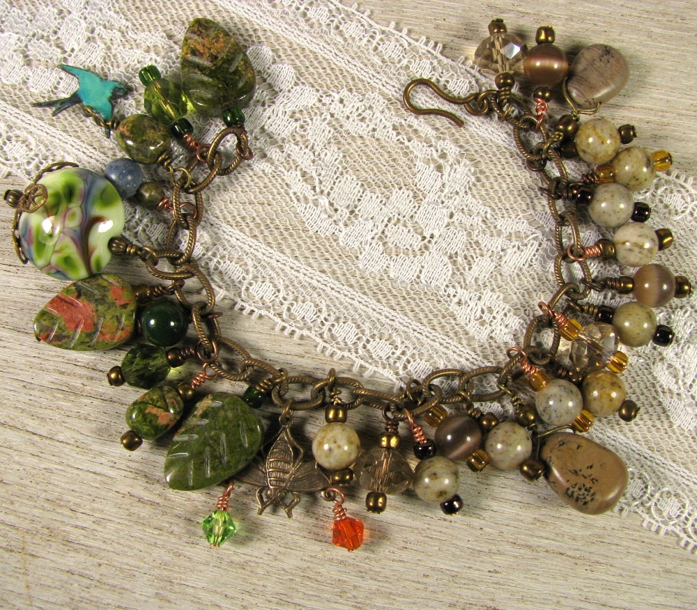 Charm Bracelet with Unikite, Feldspar and Crystals  "My Secret Garden"
