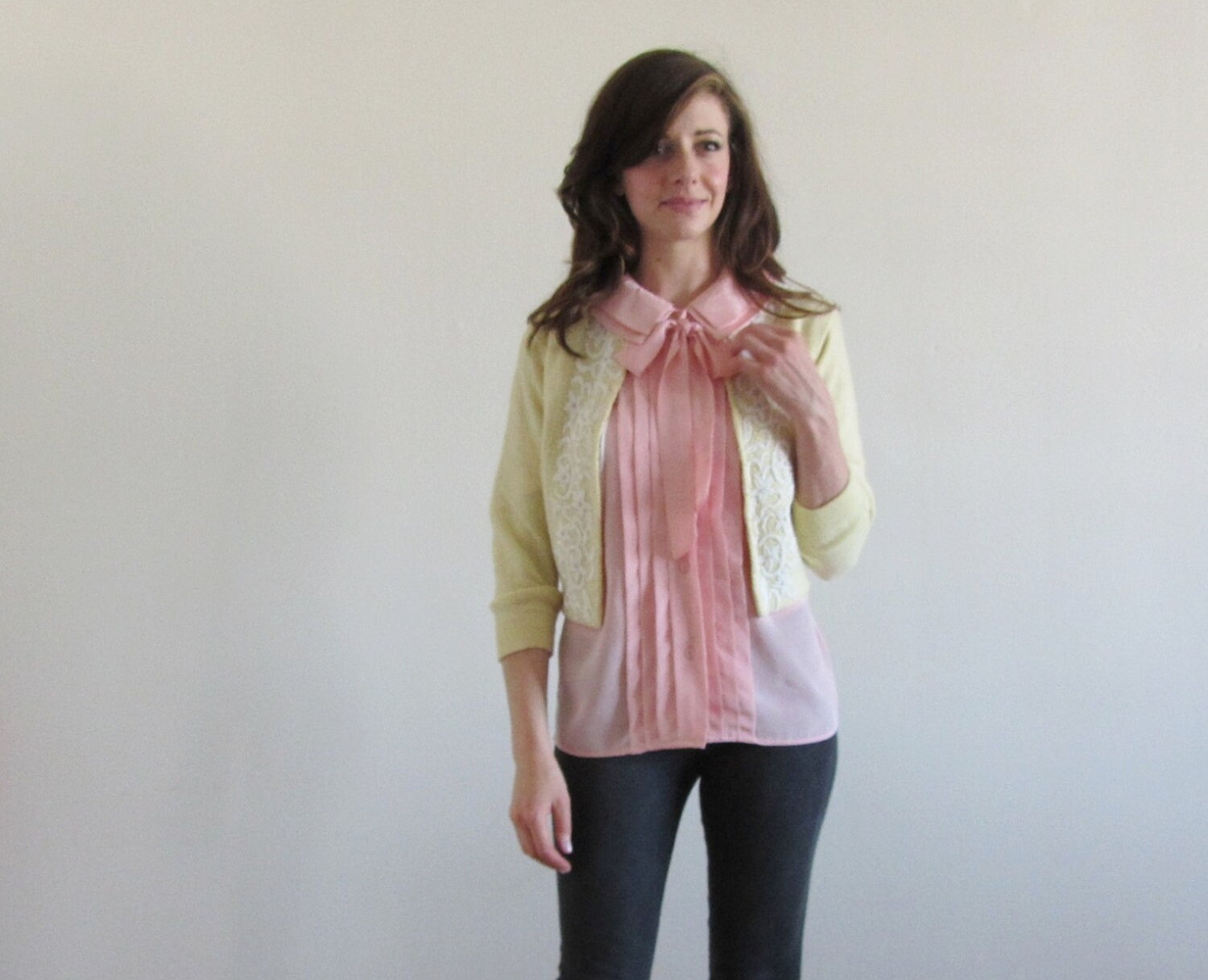 lemon yellow beaded cardigan . mid century lambswool sweater .small