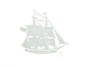 PRINT - Pirate ship LINOCUT silver grey 8x10 marine letterpress poster