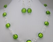 Necklace & Earring Set - Bright Lime Green - Silver Foil Lined