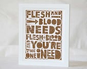 Johnny Cash, TWILIGHT,  Flesh and Blood, zombie Valentine Typography Raw Art Letterpress print