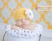 20% OFF SALE - Organic Cotton & Soy Beanie Hat - Yellow Hat with Ivory Flower and Rhinestone - Fancy Newborn Photo Prop
